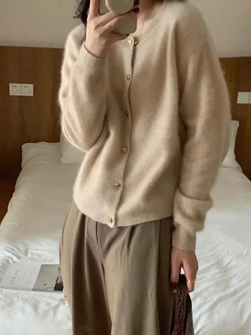 Getadme Autumn and Winter New  Cashmere Crewneck Sweater Women's Coat Loose Long Sleeve Knitted Cardigan Top Women